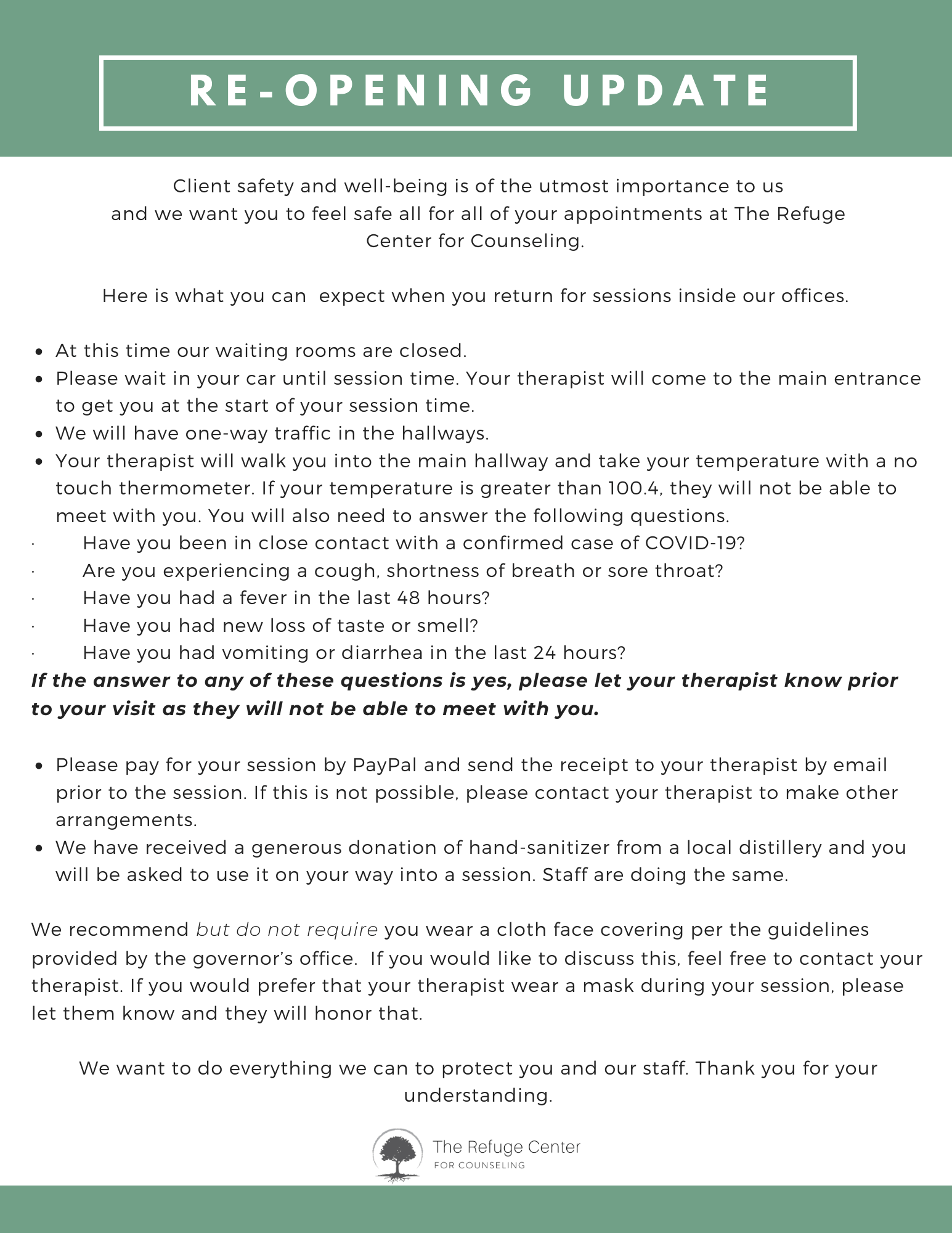 Reopening guidelines The Refuge Center for Counseling Franklin and