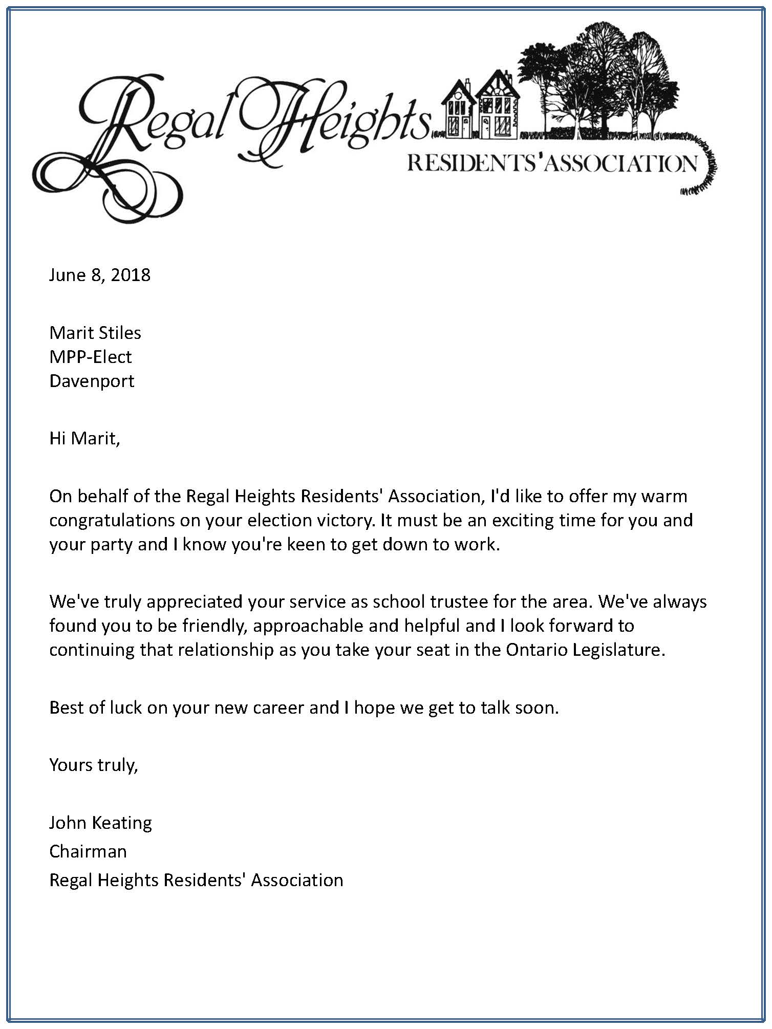 RHRA Chair Thanks Outgoing MPP and Congratulates MPP