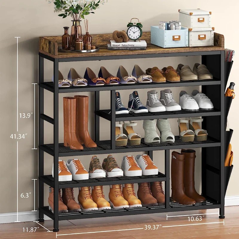 Enhomee Shoe Rack for Closet, 6tier Metal and Wooden Shoe Shelf for