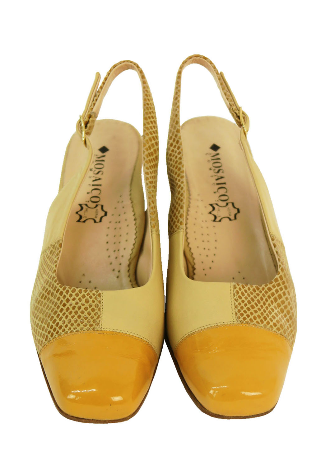 Ochre Leather Slingbacks with Patent Leather & Faux Snakeskin Suede Design UK Size 5 Reign