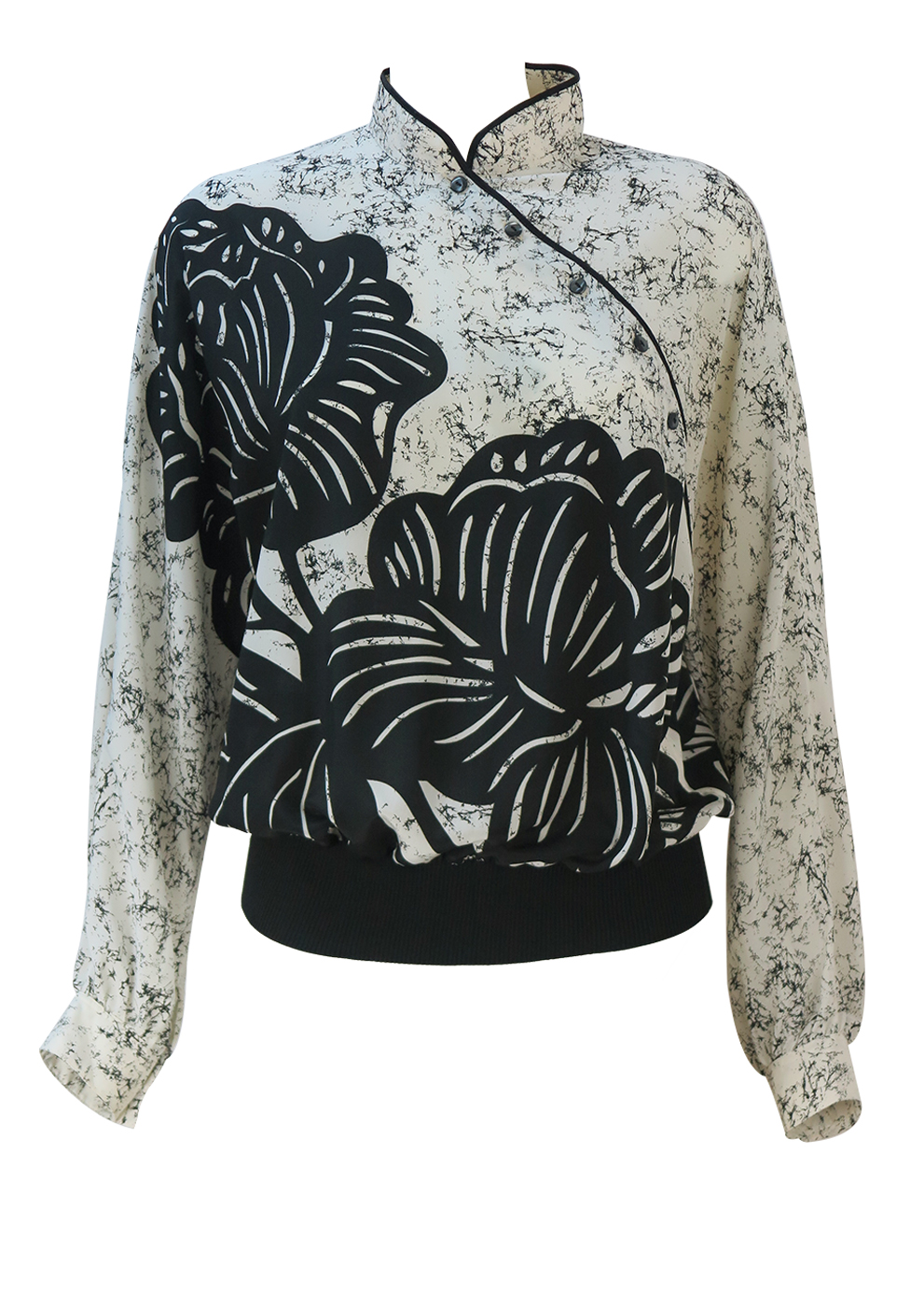 Black & White Oriental Style Top with Large Lotus Leaves Print M/L