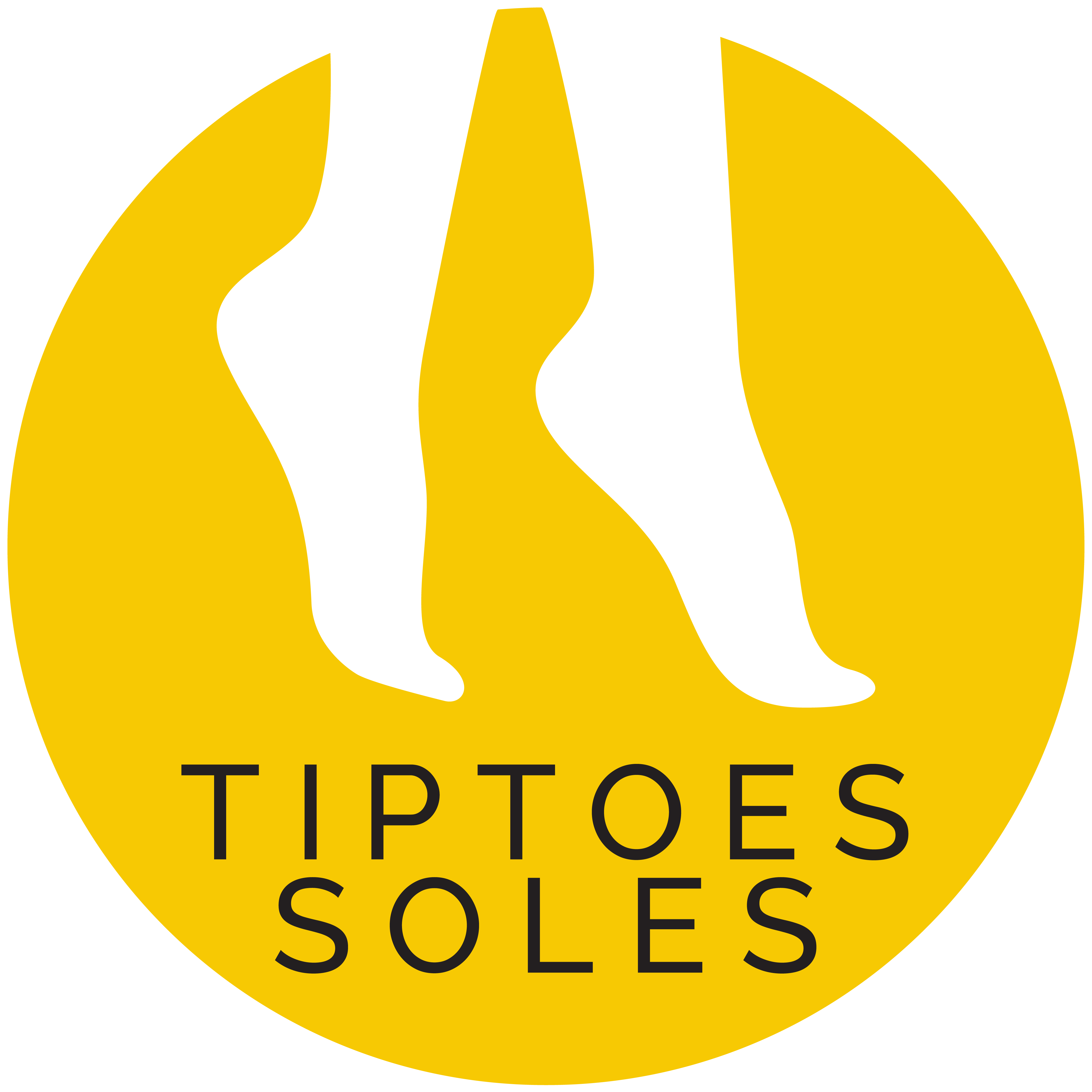 The TipToe Soles logo, a yellow circle with a black shadow of a foot in