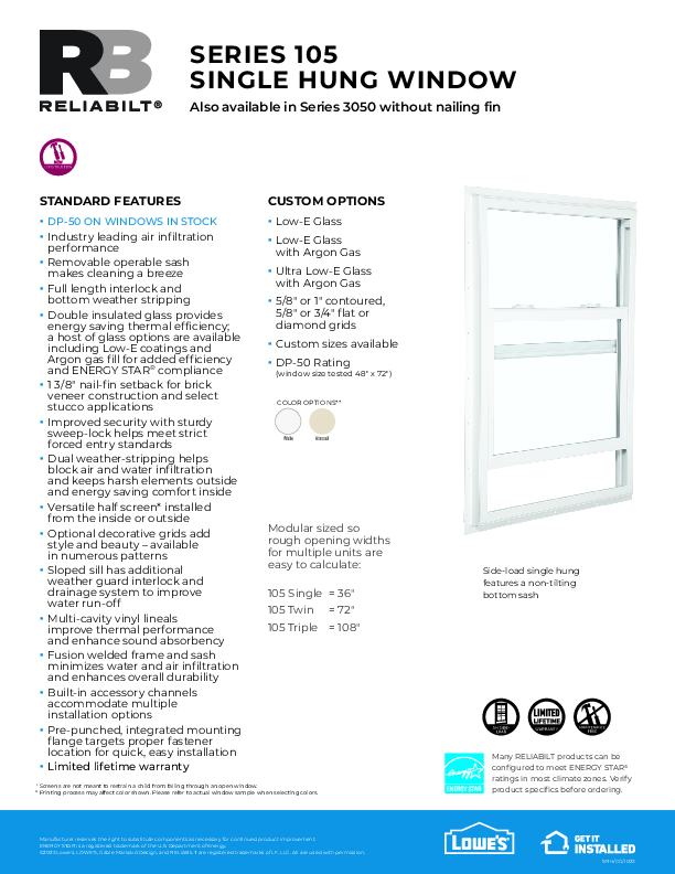 Windows & Patio Doors Feature Sheets RELIABILT at Lowes