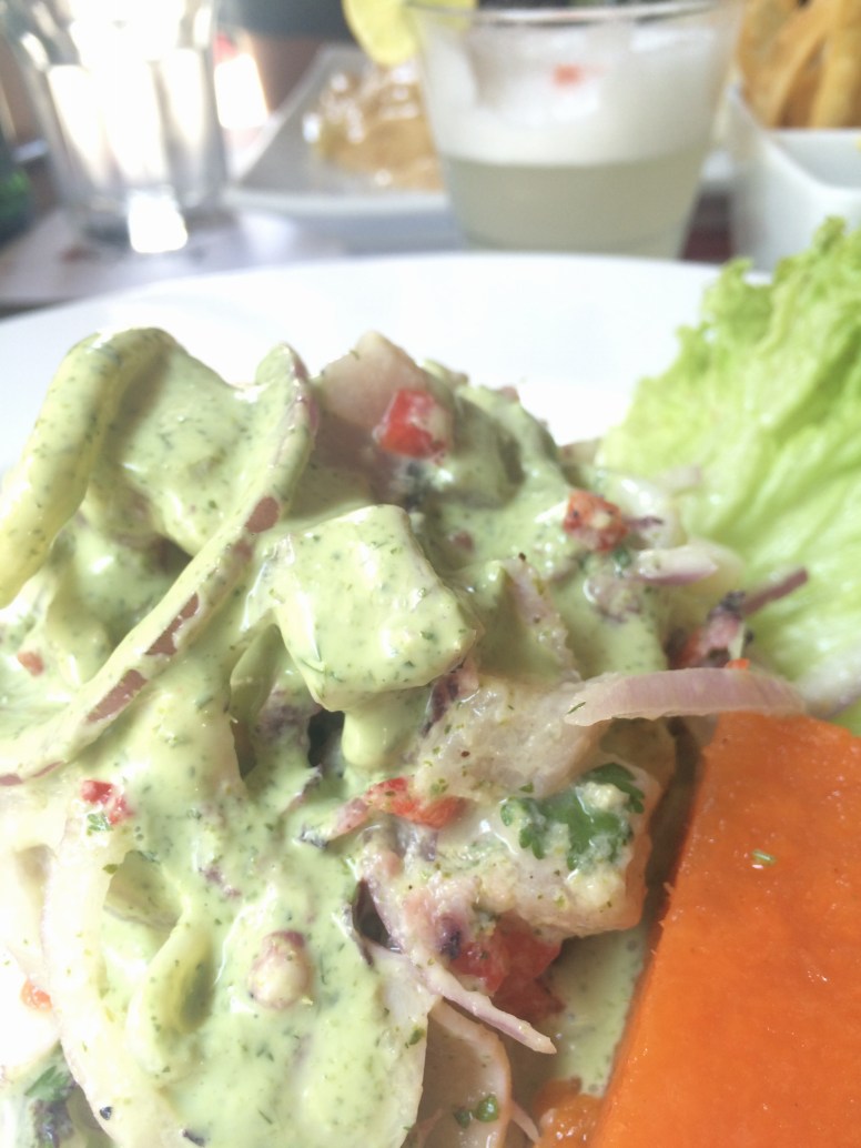 Ceviche, loaded with huge kernels of corn and red onion.