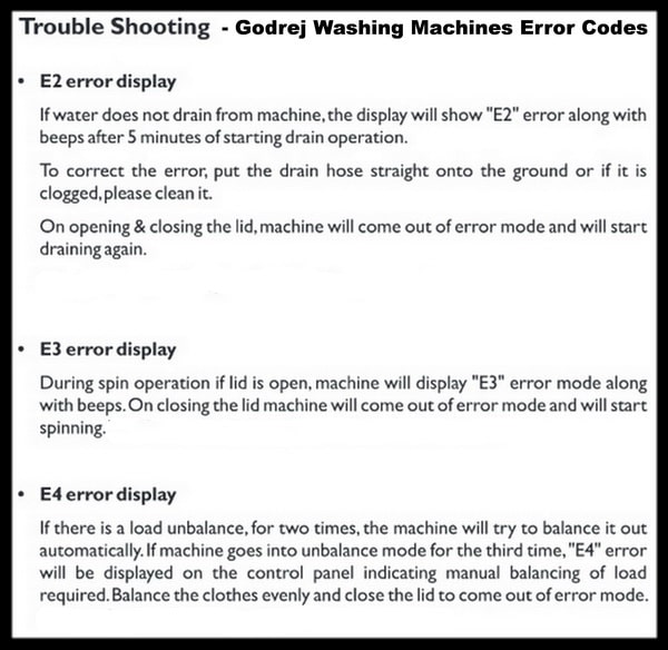 Godrej Washing Machines Error Codes Fault Code Definitions