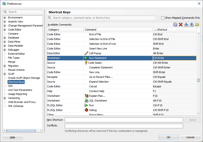 SQL Developer Tools > Preferences > Shortcut Keys