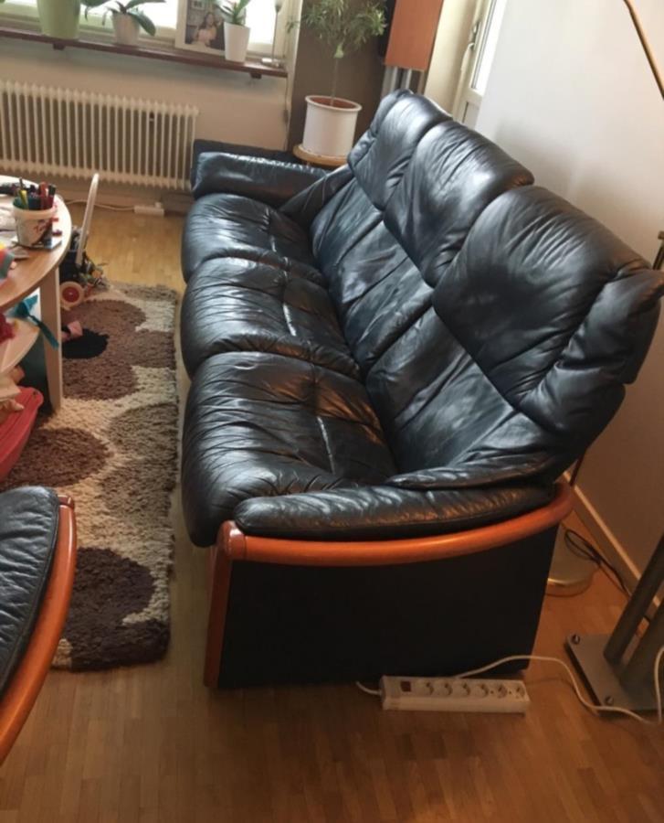 Äkta Skinn Soffa Recliner äkta skin soffa + recliner fåtolj och mattan bortskänkes
