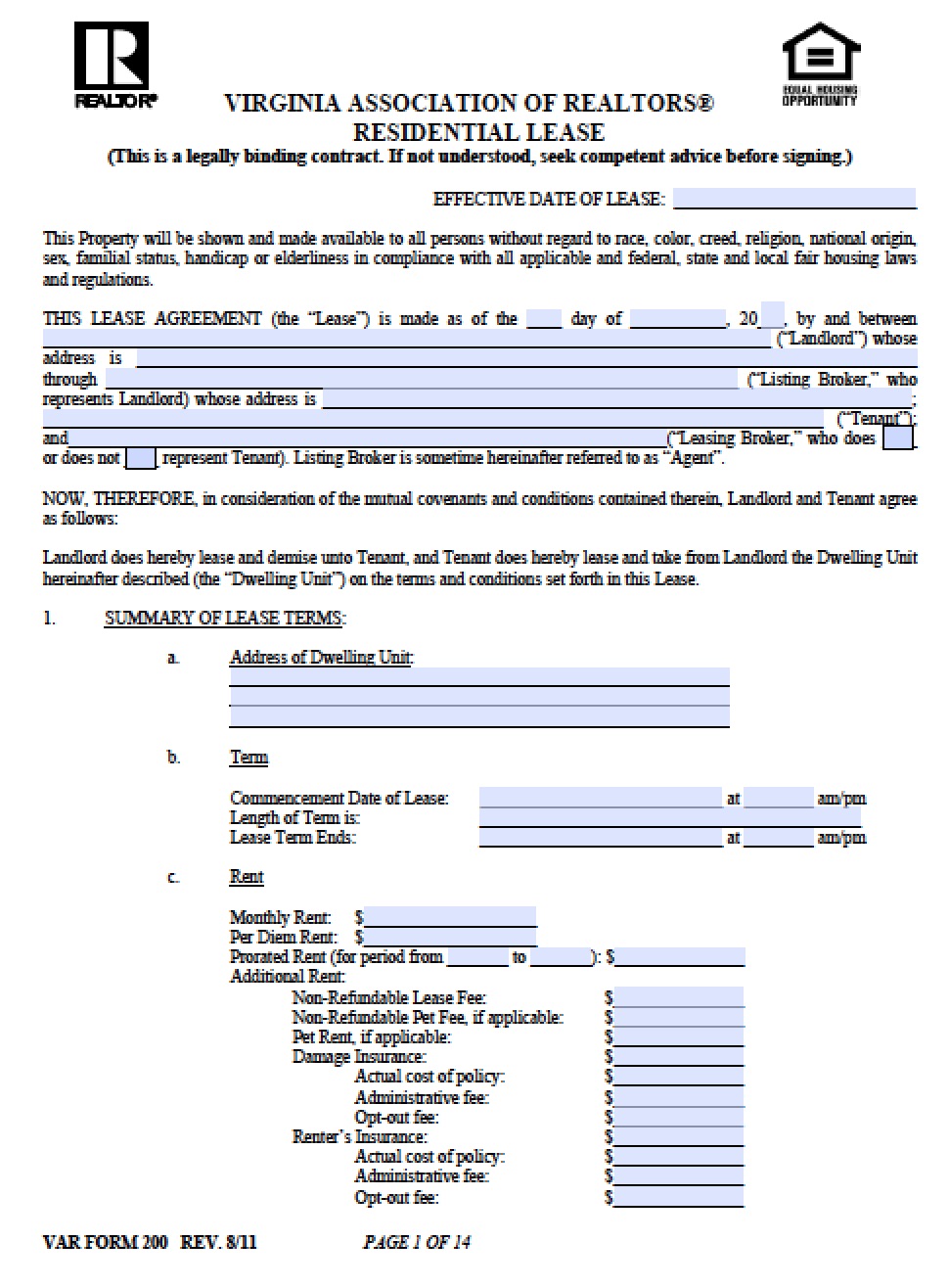 Free Virginia Residential Lease Agreement PDF Word (.doc)