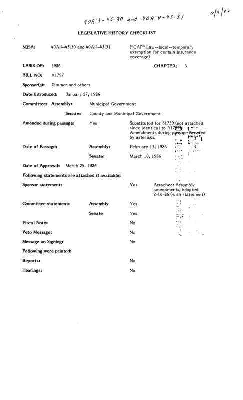 CAP&quot; Law&ndash;local&ndash;temporary exemption for certain insurance coverage