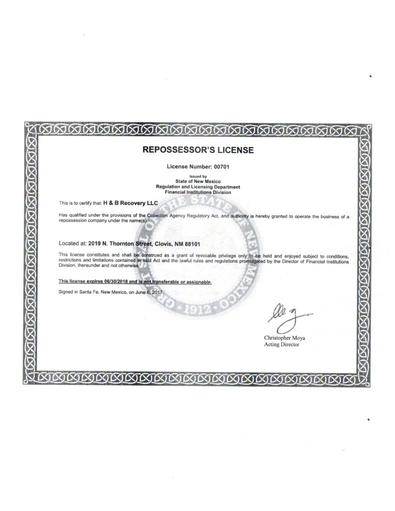 Repo License 2018 001 H&B RECOVERY Clovis NM