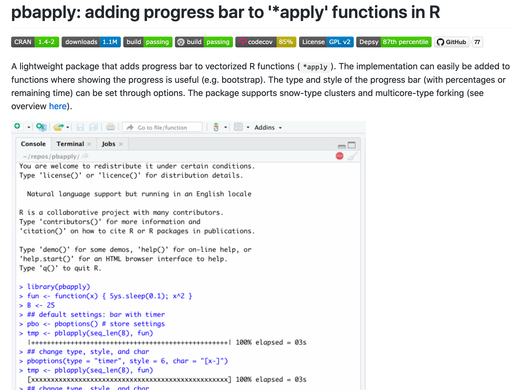 GitHub psolymos/pbapply Adding progress bar to '*apply' functions in R