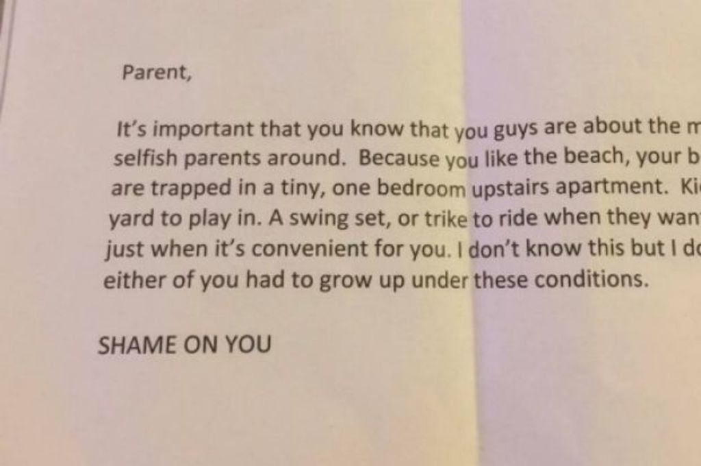 Parents receive anonymous note shaming them for having house without a