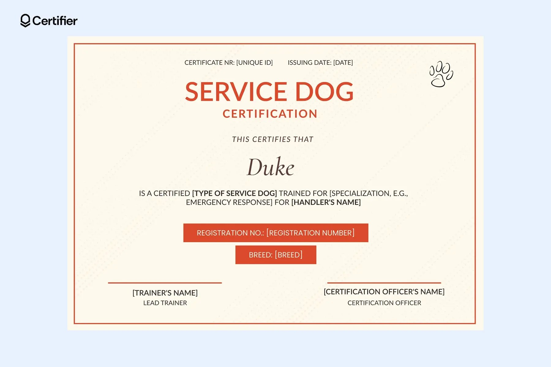 Printable Service Dog Certificate