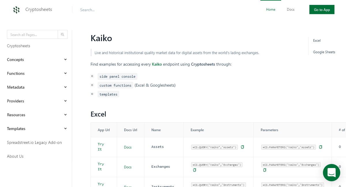 How to pull Kaiko data into Excel and Google Sheets Cryptosheets