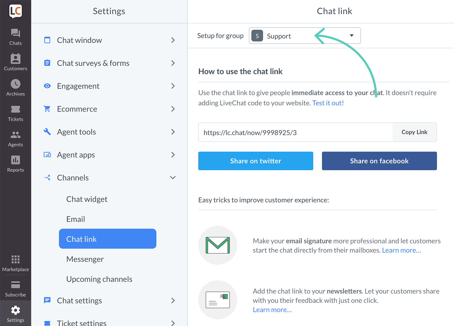 Direct chat link LiveChat Help Center