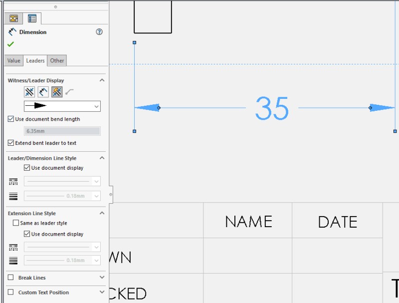 Dimenion arrow head with origin symbol in SolidWorks 2019 DASSAULT