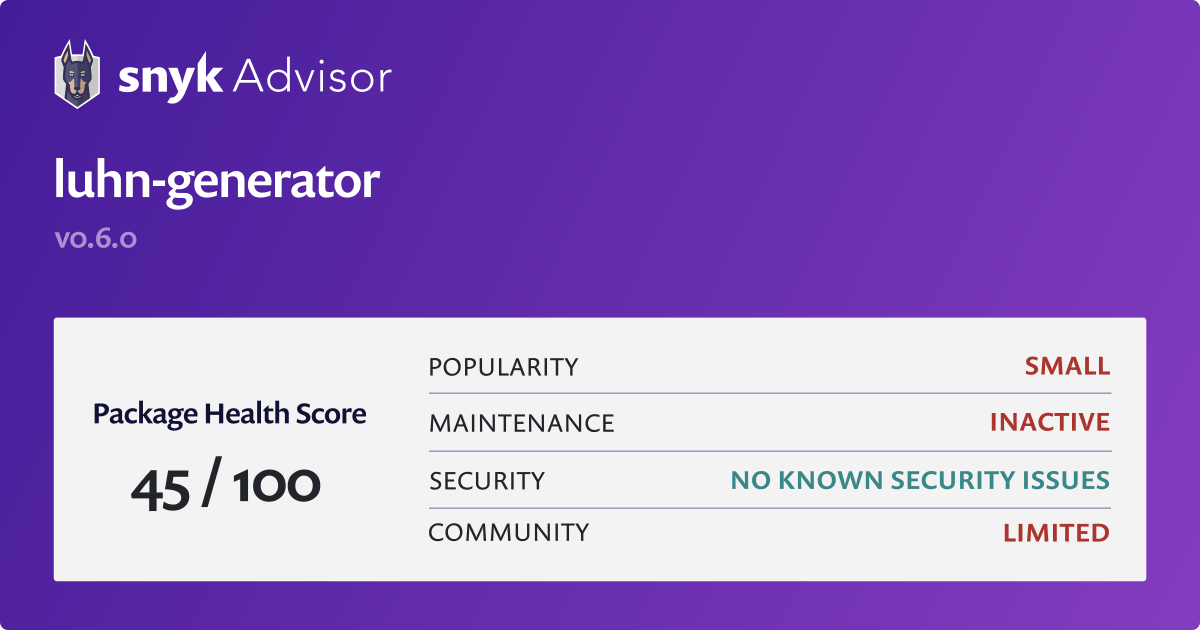 luhngenerator npm Package Health Analysis Snyk
