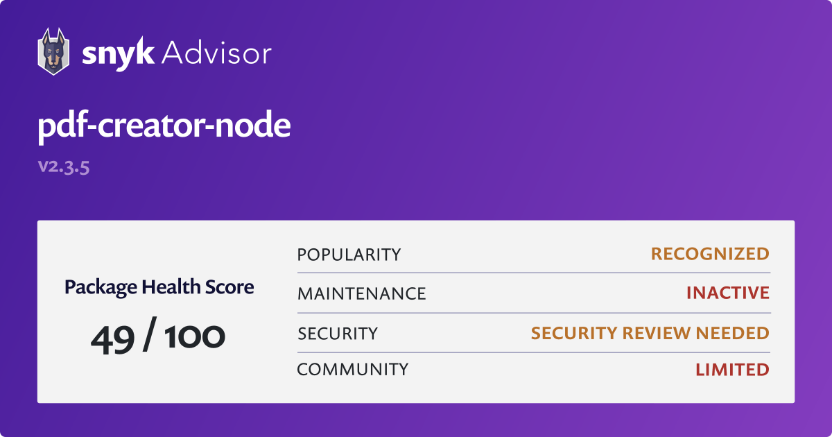 pdfcreatornode npm Package Health Analysis Snyk