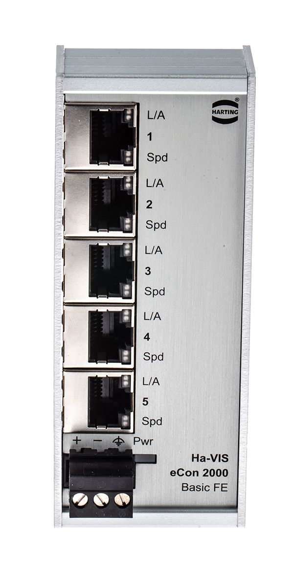 Harting Switch, 5 RJ45 port, 24V dc, 10 Mbit/s, 100 Mbit/s Transmission Speed, DIN Rail
