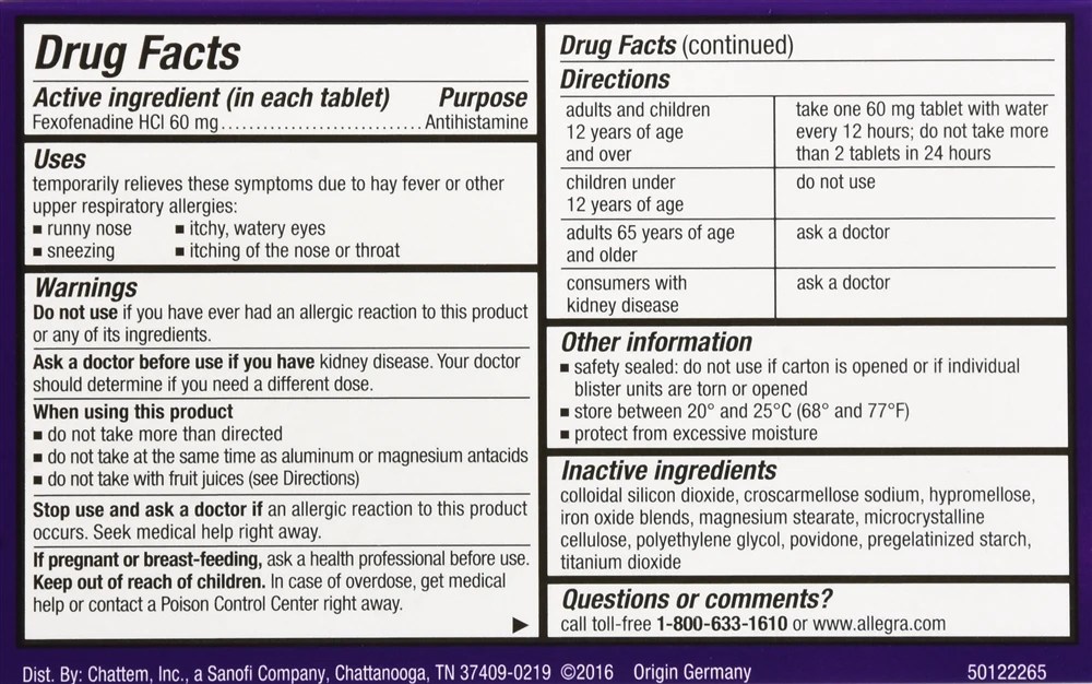 Allegra 12 Hour Allergy Relief NonDrowsy 60mg Tablets 12 Count