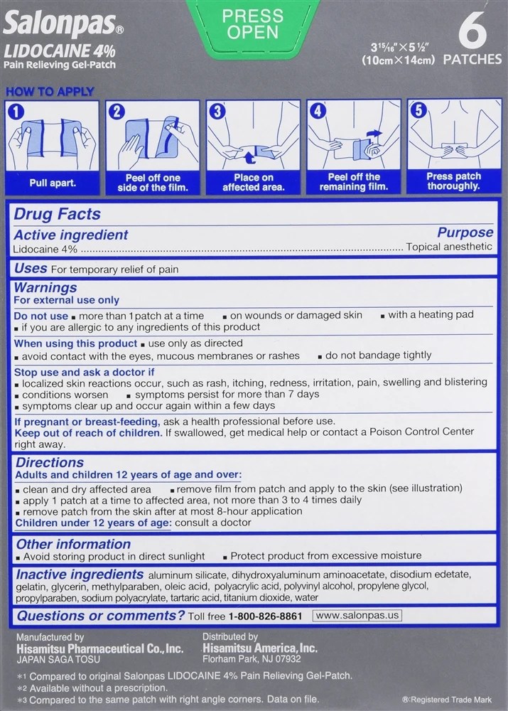 Salonpas Lidocaine 4 Pain Relieving GelPatches Maximum Strength