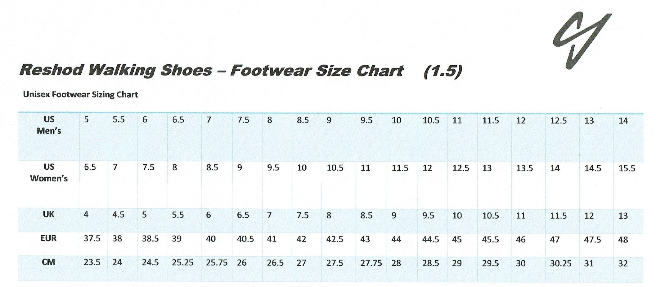 Size Charts Reshod Walking Shoes