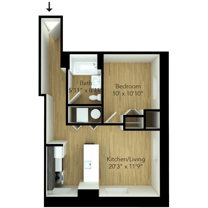 One bedroom floor plan for Downtown Wilmington apartment Reside MKT Apartments