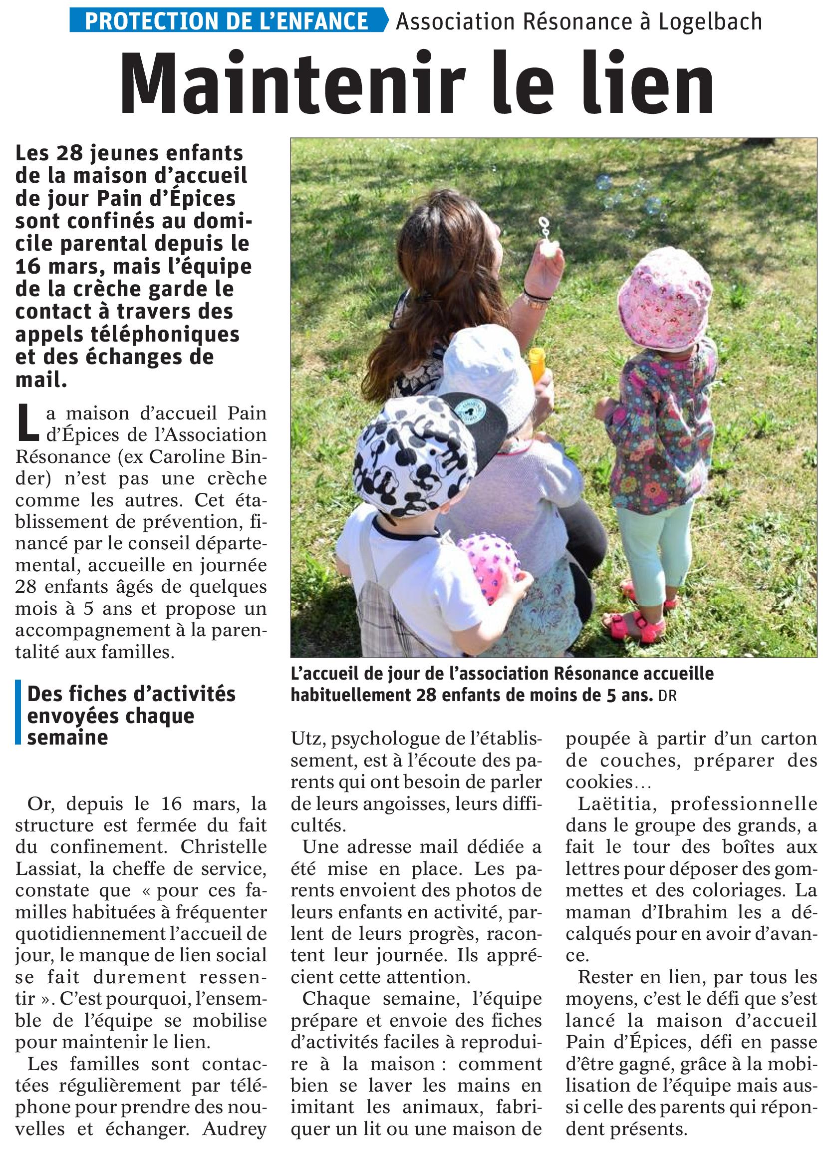 DNA / L'ALSACE 25/04/2020 Maintenir le lien Association Résonance