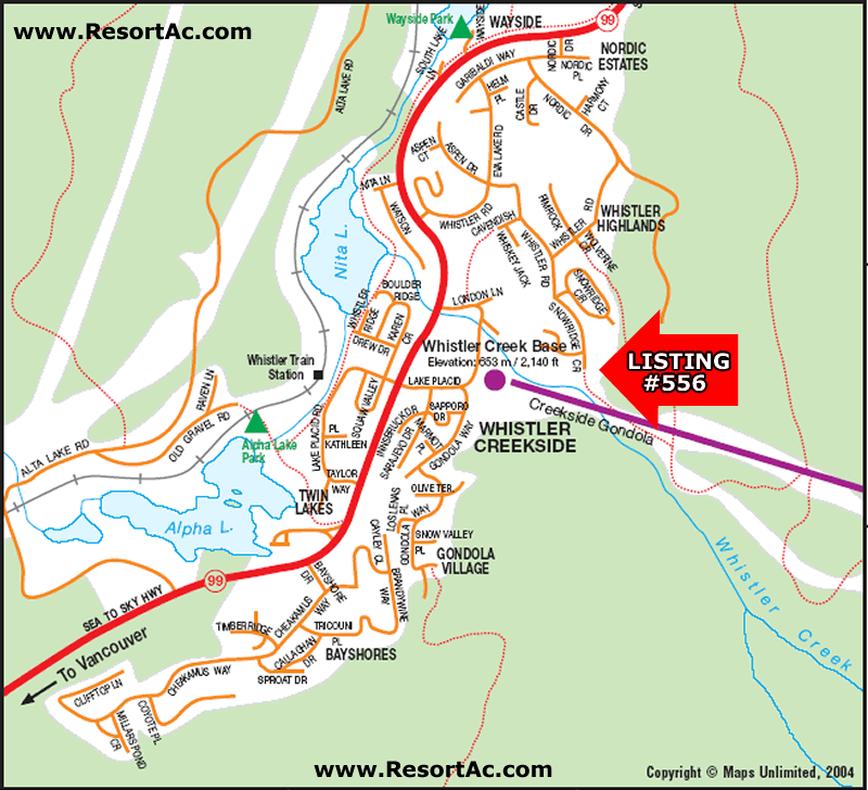 Whistler Map SLOPESIDE CHALET WHISTLER BC SKI IN SKI