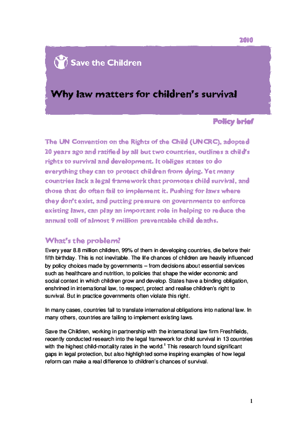 Why law matters for children’s survival Save the Children’s Resource Centre