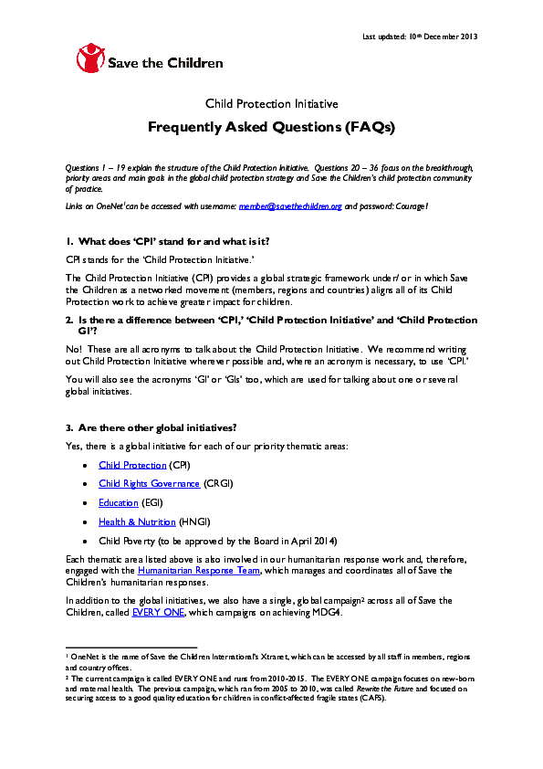 Save the Children’s Child Protection Initiative Frequently Asked
