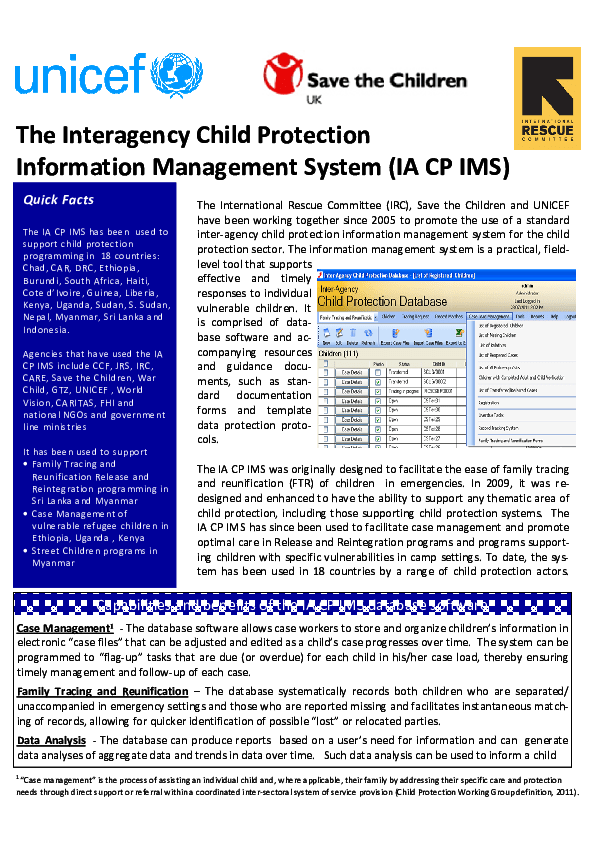 InterAgency Child Protection Information Management System Forms (FTR