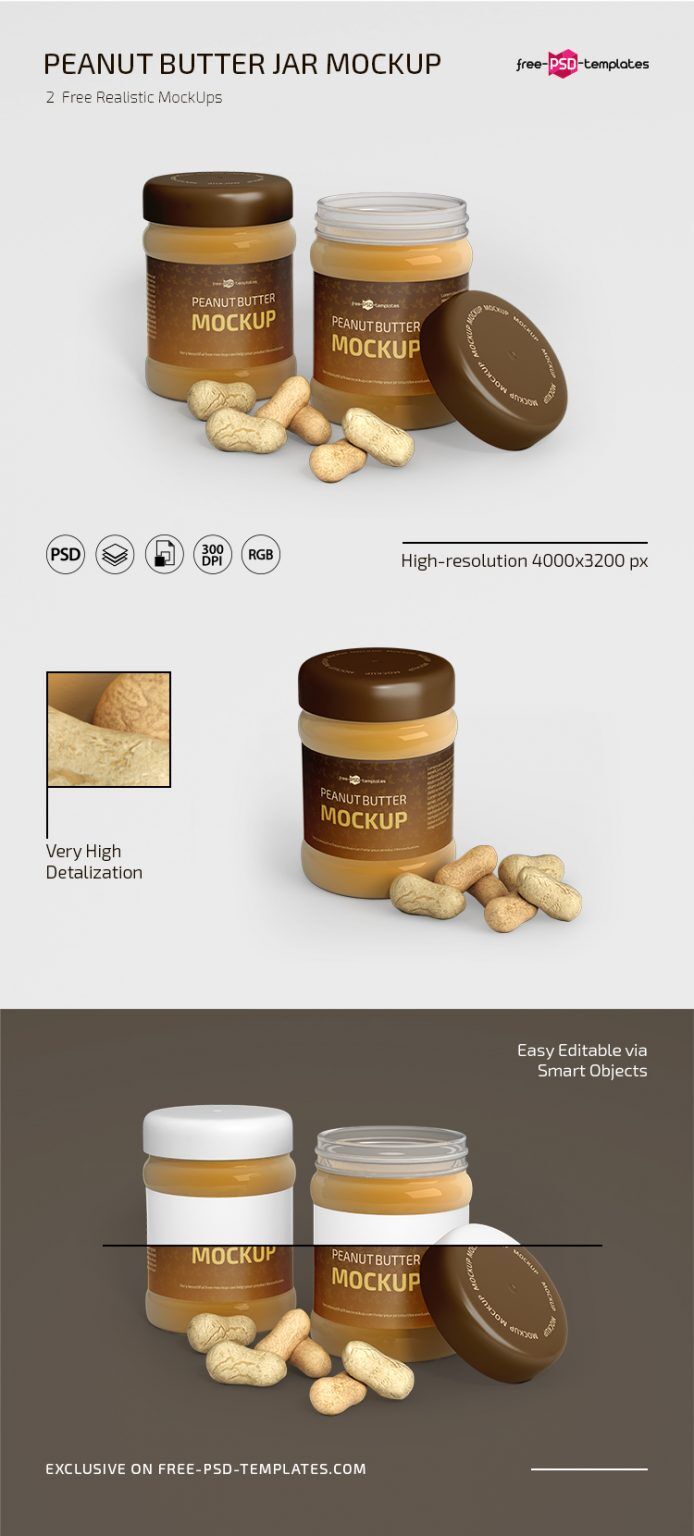 2 Peanut Butter Jar with Peanuts Mockups from Different Views (FREE