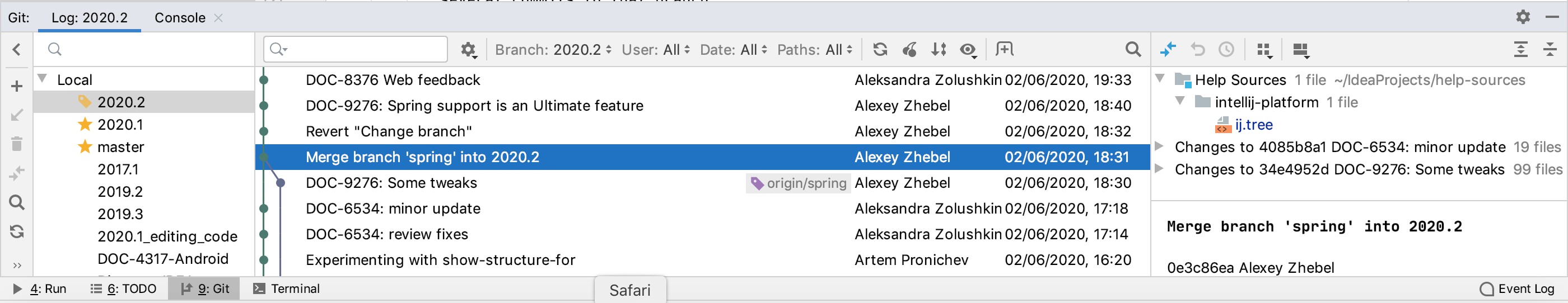 Apply changes from one Git branch to another—DataGrip