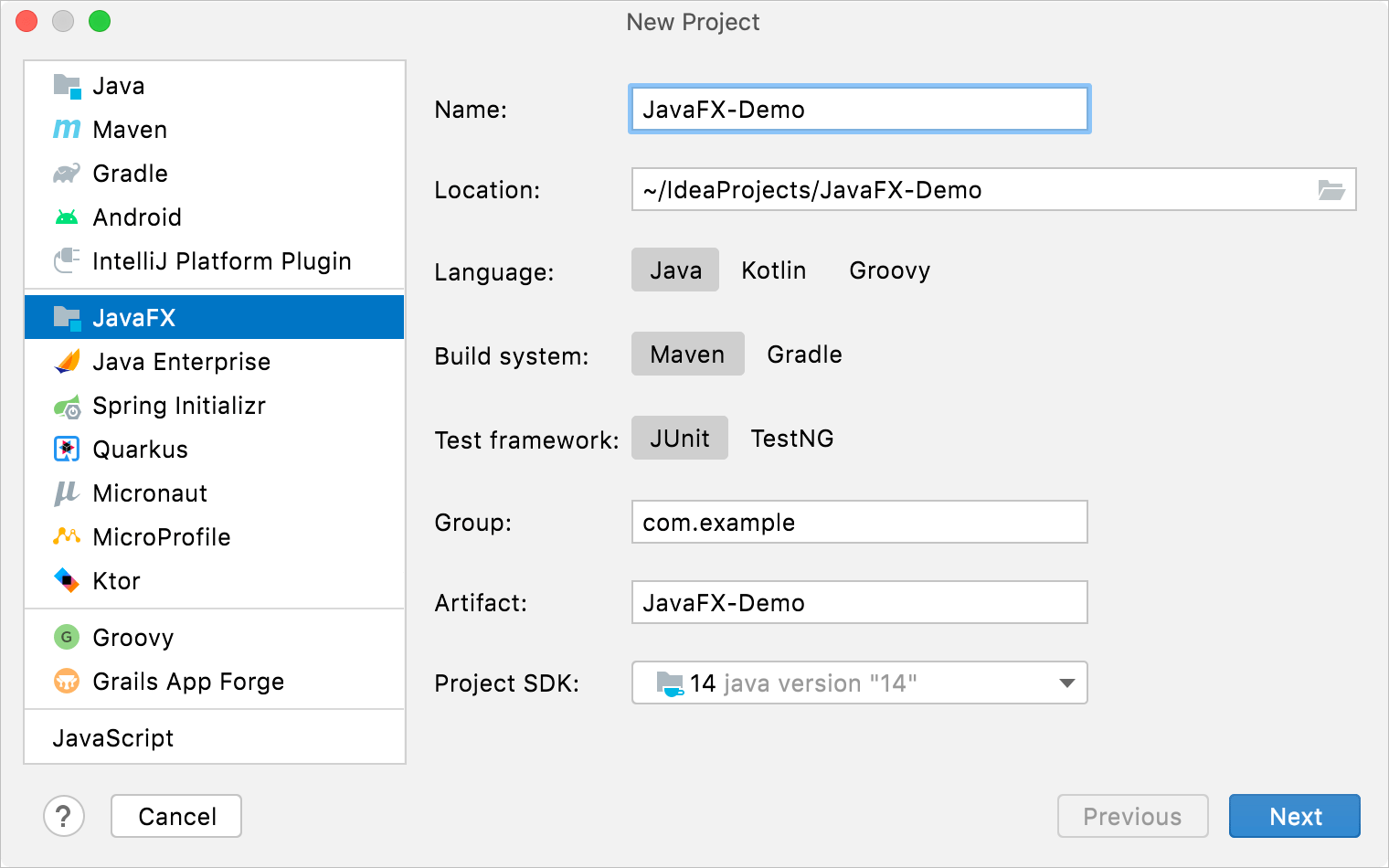 Create a new JavaFX project IntelliJ IDEA