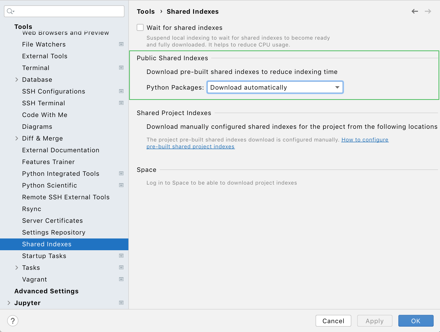 Shared indexes PyCharm
