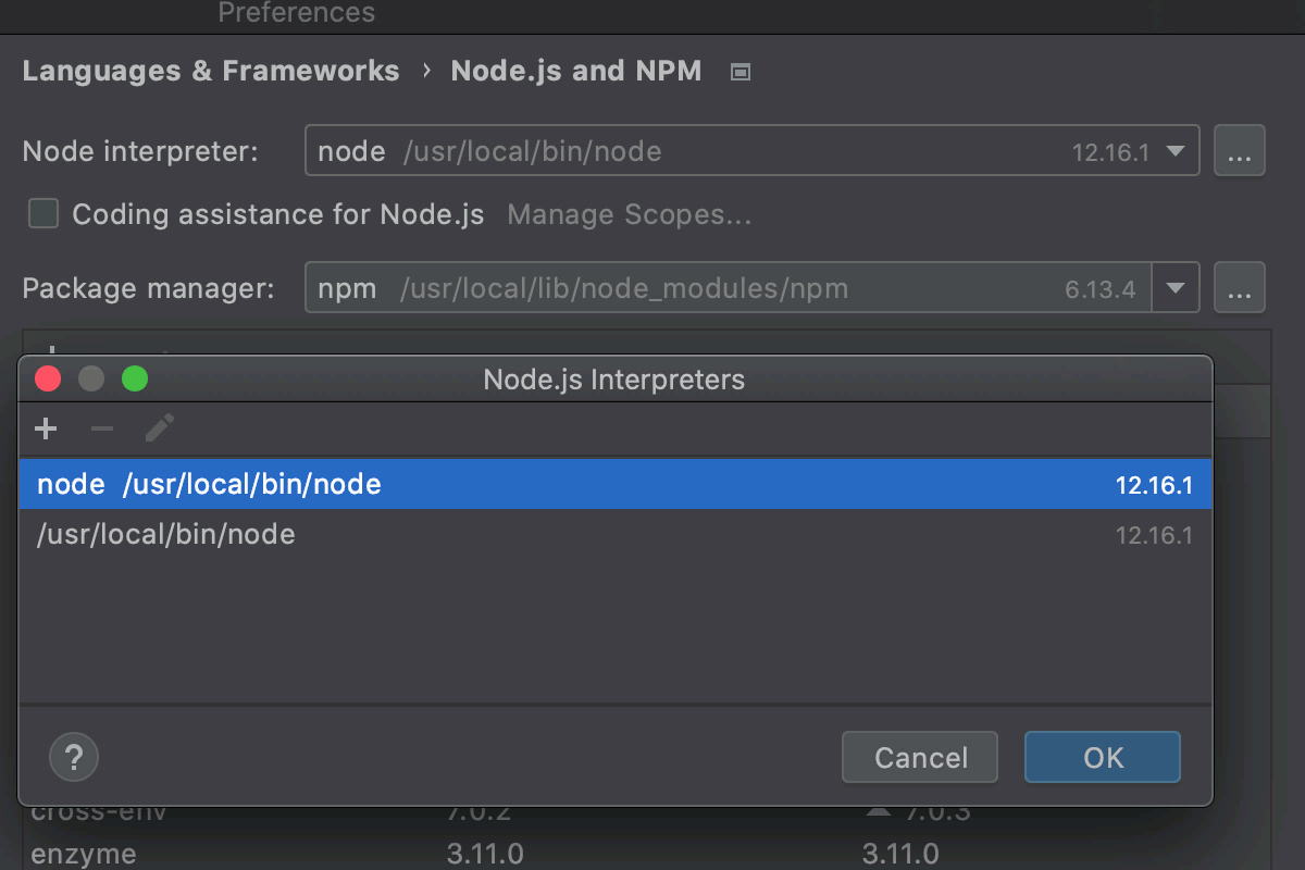 Node.js Interpreters Dialog Storm