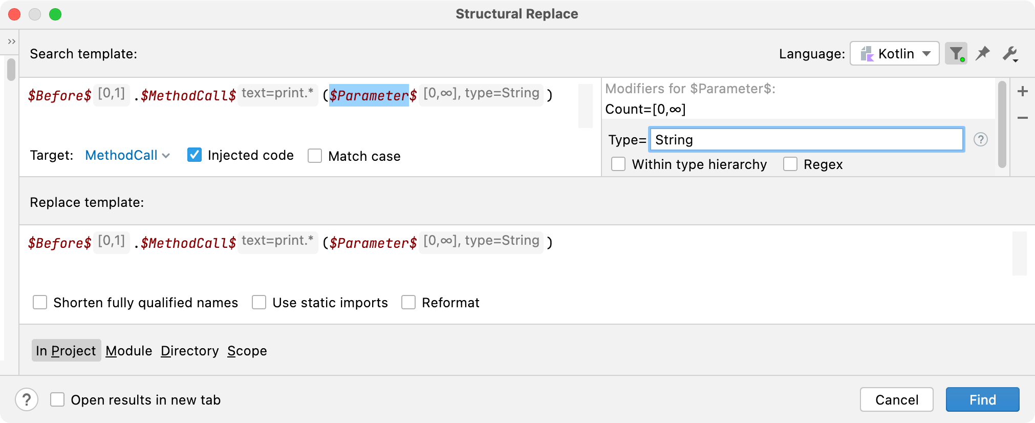 Tutorial Structural search and replace in Kotlin IntelliJ IDEA