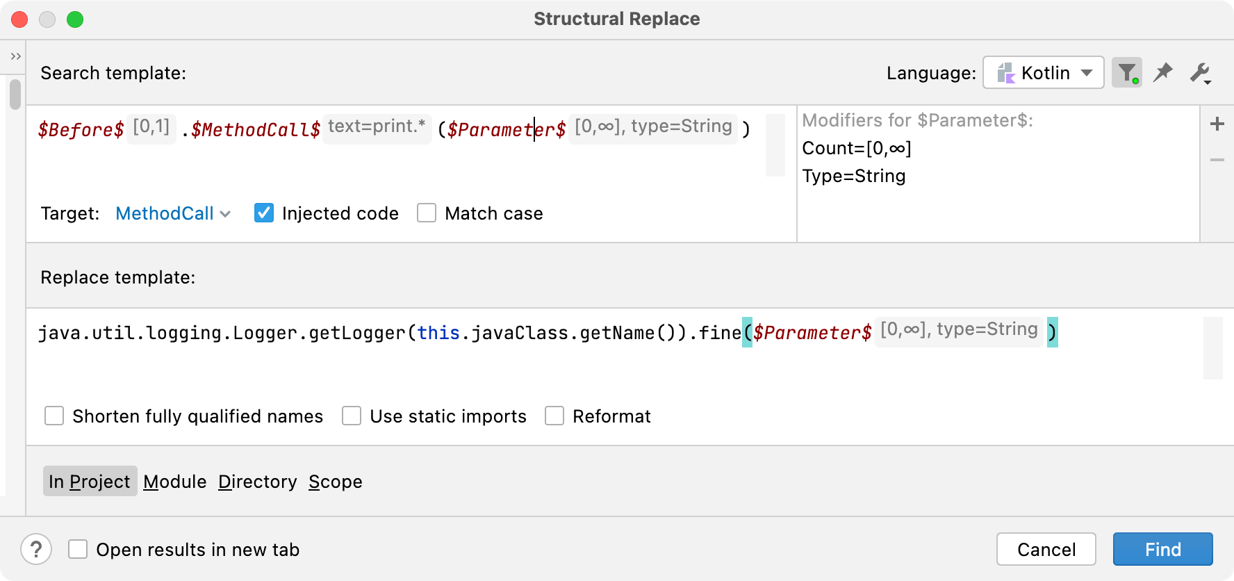 Tutorial Structural search and replace in Kotlin IntelliJ IDEA