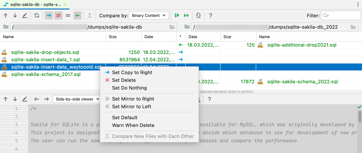 Compare files, folders, and text sources DataGrip