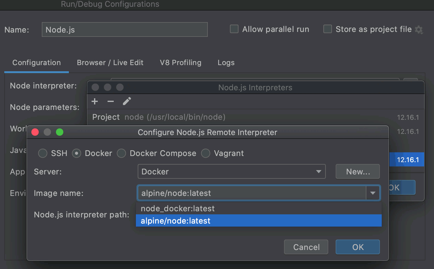 Configure Node.js Remote Interpreter Dialog Storm