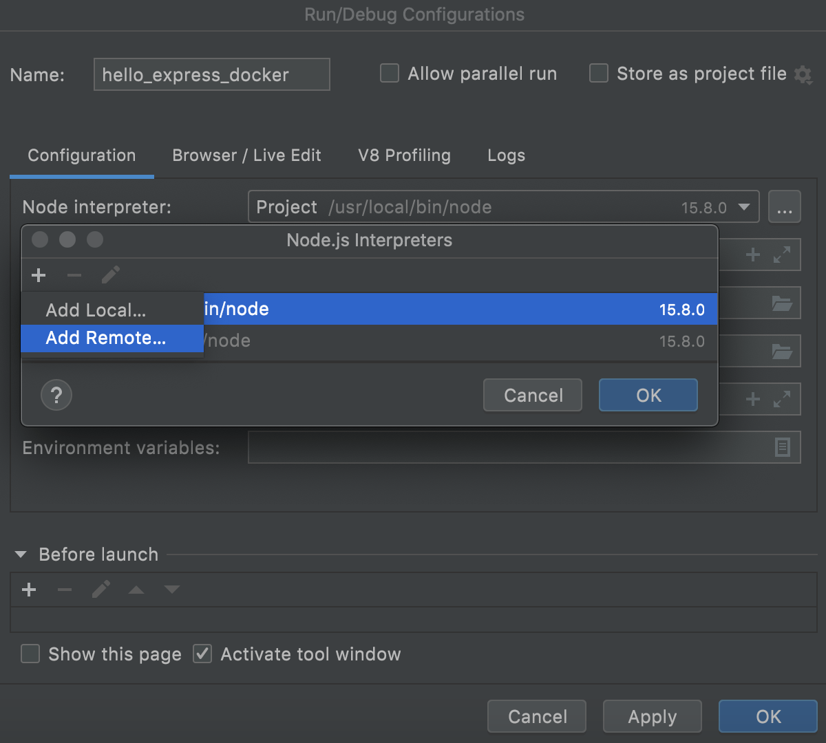 Configuring remote Node.js interpreters Storm