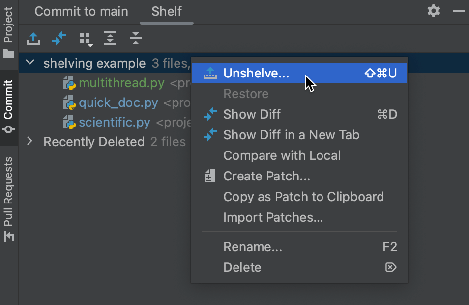 Shelve and unshelve changes AppCode Documentation