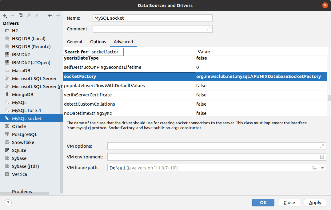 UNIX ソケットを使用して MySQL に接続する DataGrip ドキュメント
