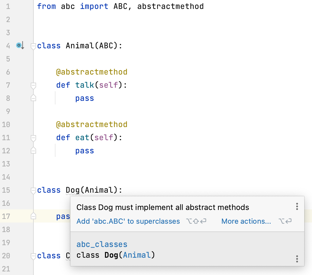 Implement methods of an abstract class PyCharm Documentation