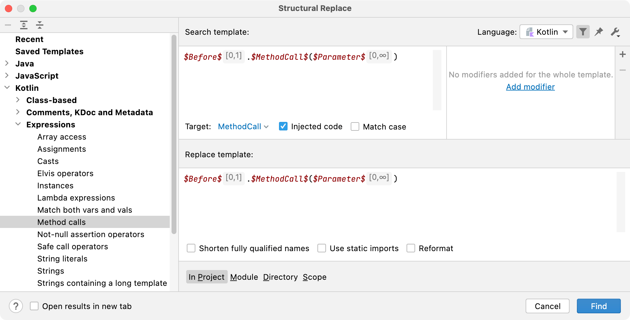 Tutorial Structural search and replace in Kotlin IntelliJ IDEA