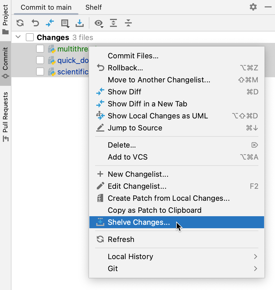 Shelve or stash changes PyCharm Documentation