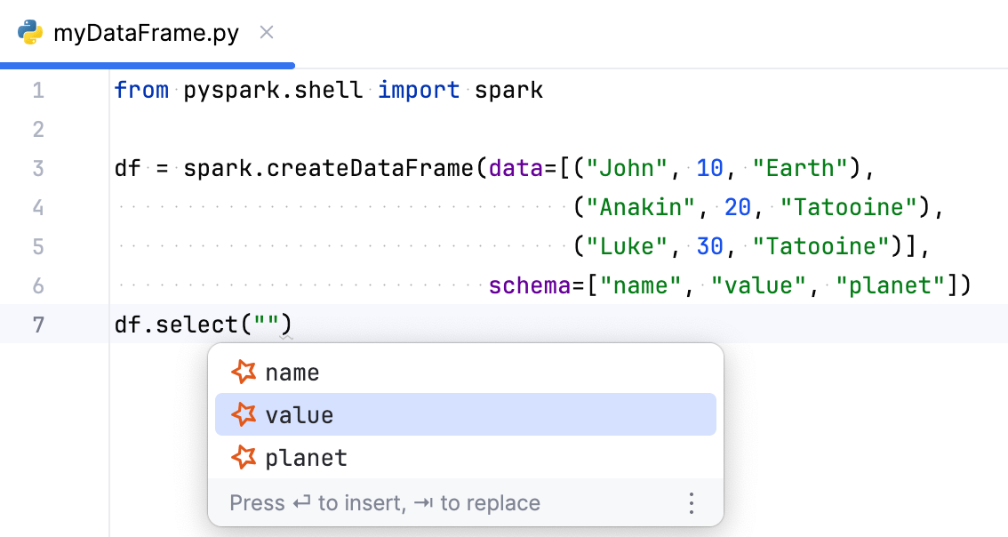 Spark DataFrame coding assistance PyCharm Documentation