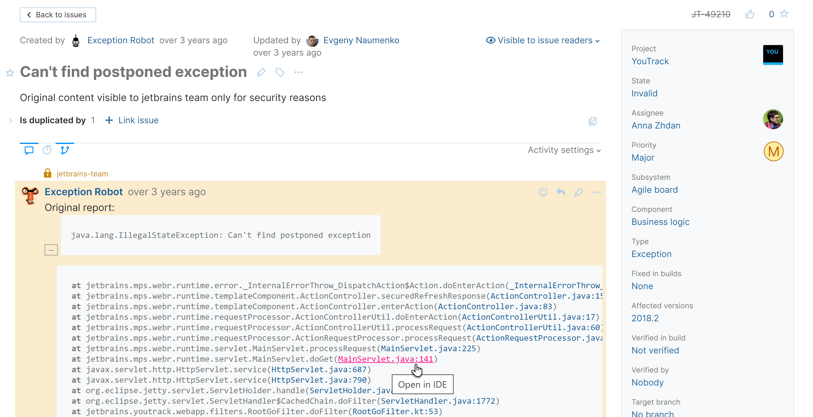 Open Stack Traces in an IDE YouTrack Server