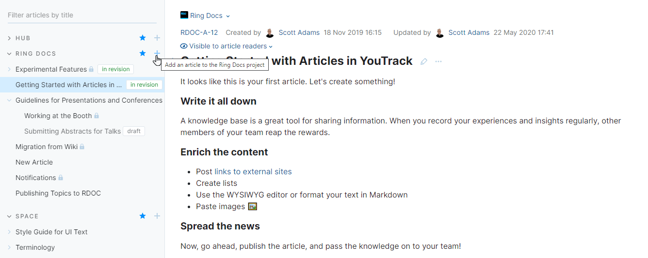 Create an Article YouTrack Server Documentation